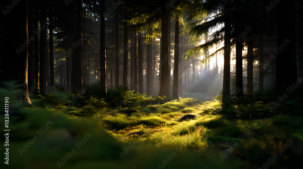 Obraz premium Sunlit Forest Path: The serene image features a sun-dappled path leading into a mystical forest, creating a sense of wonder and tranquility.