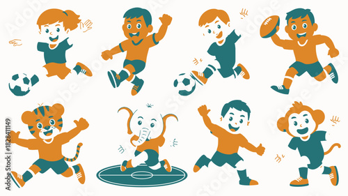 Cartoon Kids and Animals Playing Soccer and Football on Super Bowl Sunday Illustration