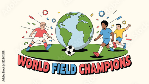 Cartoon Soccer Players Celebrate World Championship Win With Globe and Confetti Design