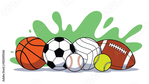 Cartoon Sports Balls Basketball, Soccer, Volleyball, Baseball, Tennis and Football with Green Splatter Background