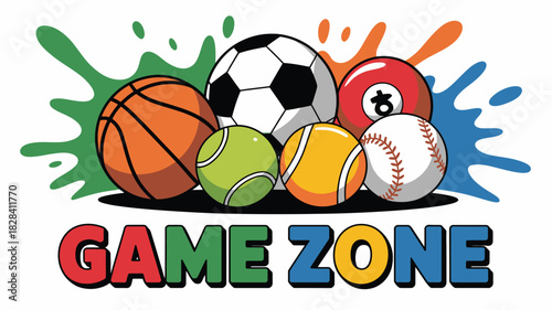 Cartoon Sports Balls with Colorful Splashes Above Game Zone Text in Bold, Colorful Font