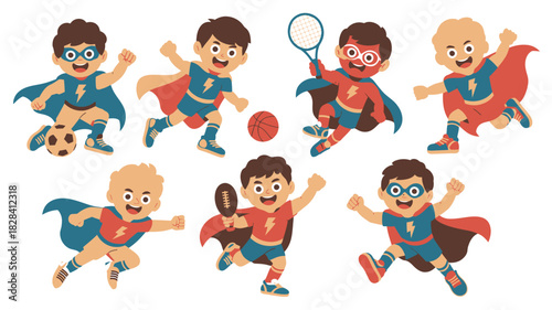 Cartoon Superheroes Playing Different Sports like Soccer, Basketball, Football, Tennis with Capes and Masks