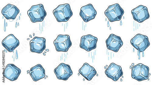 Cartoon ice cubes with melting water droplets