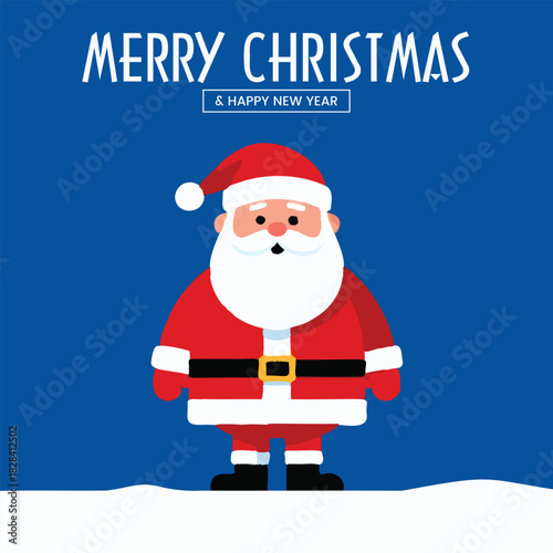Simple Minimalist Santa Claus Standing in Snow, Merry Christmas and Happy New Year Vector Illustration Template on Blue Background