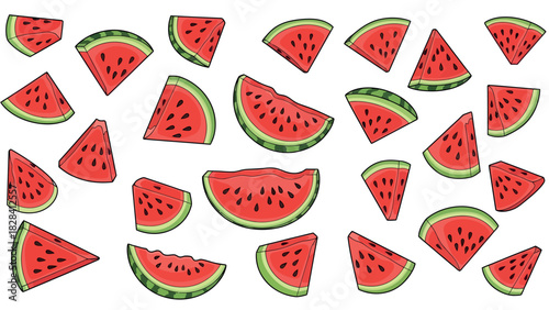 Watermelon slices scattered on white background