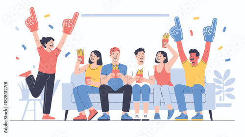 Cheerful Friends Celebrate Super Bowl Sunday Together with Foam Fingers and French Fries