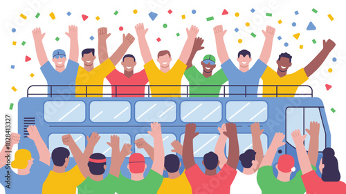 Cheering Crowds on a Double Decker Bus Parade with Falling Confetti Celebration