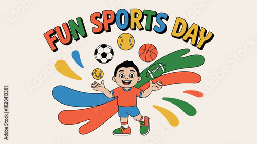 Colorful Cartoon Boy Celebrating Fun Sports Day with Balls and Football Illustration