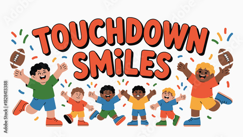 Colorful Cartoon Illustration of Diverse Children Celebrating a Football Touchdown with Joyful Smiles