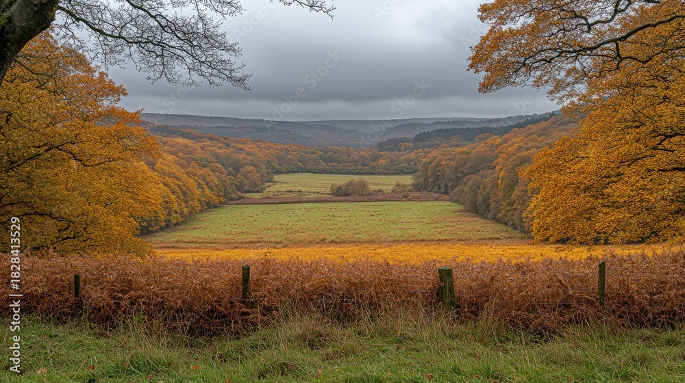 Fototapeta premium Scenic landscape featuring autumn foliage and misty hills, conveying a feeling of serenity.