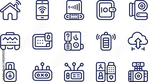 Hand drawn style icon set depicting internet of things smart home and connected devices for website mobile and print