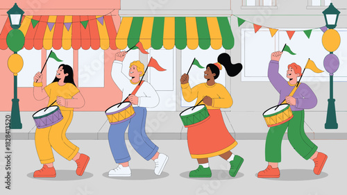 Colorful Cartoon Parade Drum Players with Flags Celebrate on City Street, Illustration