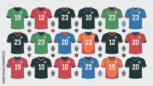 Colorful Football Jerseys with Numbers, Balls and Decorative Elements Illustration for Super Bowl Sunday