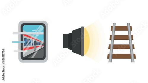 Transportation Set Train Window, Light, and Tracks Flat Vector Icons