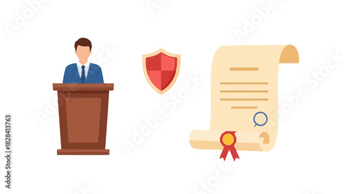 Legal system and justice concept with a lawyer, protection, and a diploma