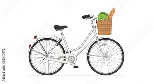White city bicycle with front basket of groceries, for eco-friendly urban lifestyle