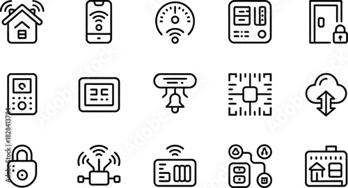 Set of smart home system icons in doodle style representing automation security and connectivity for modern living and technological advancement in homes