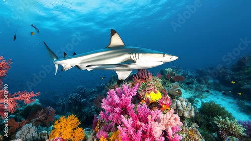 Wallpaper Mural A shark glides gracefully through a lively coral reef, surrounded by vivid pink, orange, and purple corals. Schools of fish also inhabit the rich underwater landscape. Torontodigital.ca