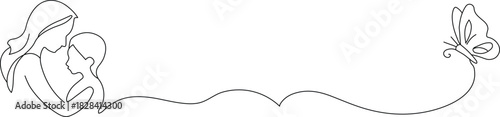 Single-Line Mother and Child with Butterfly – Minimalist Family Love Illustration