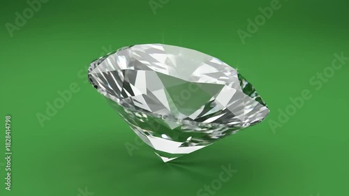 Brilliant Cut Diamond Gemstone Rotating Against a Smooth Green Background with Subtle Lighting Effects