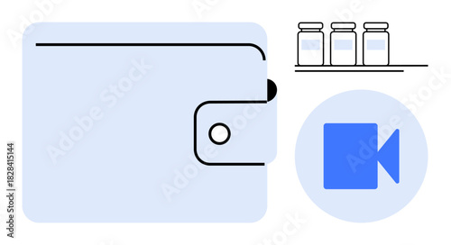 Wallet with clasp, video camera icon, and shelf of medicine jars. Ideal for finance, technology, healthcare, online security, remote communication medical inventory budgeting. Simple flat metaphor