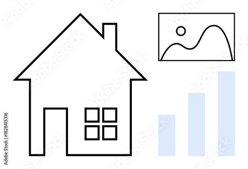 Real estate growth concept. Real estate by a house outline paired with a bar graph and framed landscape art. Real estate trends, market analysis, investment insights, and strategy