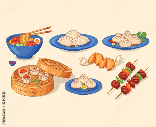 Flat Vector Illustration Set: Asian/Chinese Food Dishes