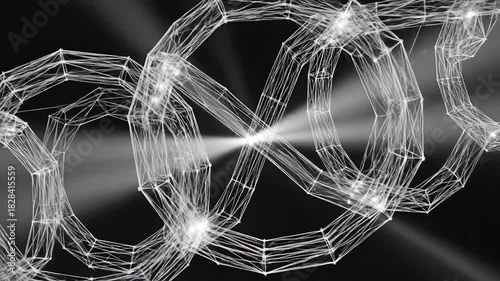 Abstract White Wireframe Structure Formed By Connected Dots With Light Rays On Dark Background