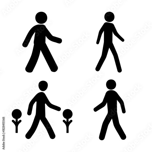 Four stick figures illustrating walking, movement, and garden.