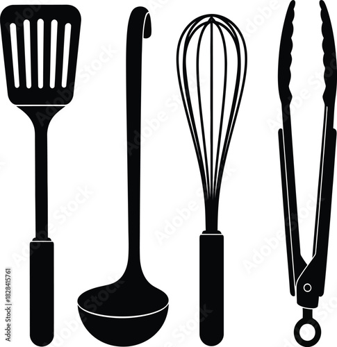 Black Silhouettes of Kitchen Utensils Spatula Ladle Whisk Tongs on White cooking tools slotted spatula