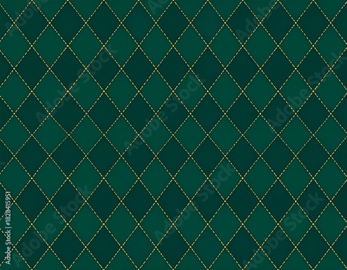 Argyle vector pattern. Dark green with thin slim golden dotted line. Seamless vivid geometric background for fabric, textile, men clothing, wrapping paper. Backdrop Little Gentleman party invite card
