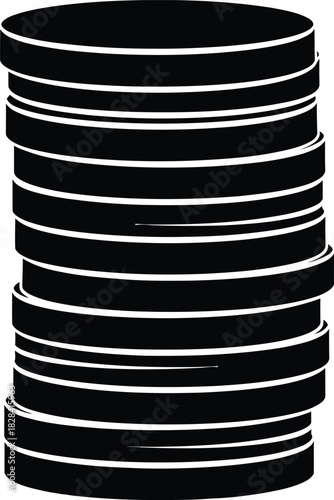 Stack of black coins or discs with white horizontal lines money finance