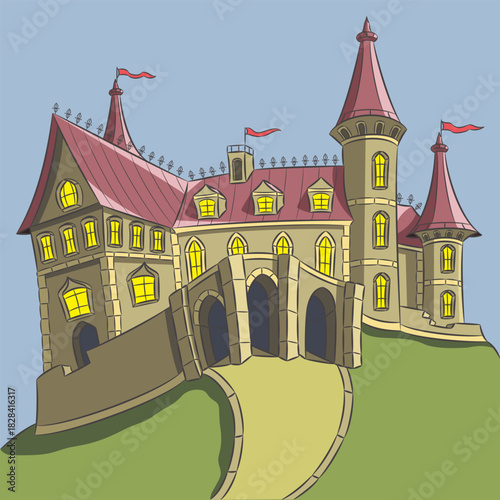 Color illustration of fantasy castle building