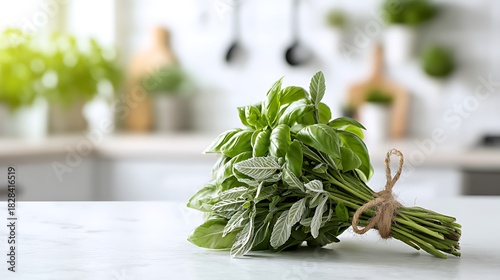 Freshly harvested basil and sage tied together in a bright kitchen setting