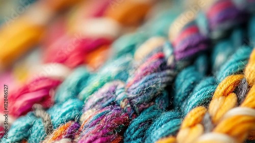 Close-up of a handcrafted woven textile with vibrant threads and intricate patterns. The rich colors of blue, orange, pink, and yellow create a lively tapestry of artistry.