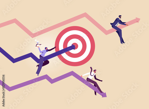 Concept of achieving goal, success, business target, businesswoman with robot brainstorms and strategic plans towards success or goals