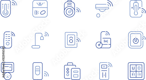 Collection of smart home device icons with wireless connectivity including thermostat security camera door lock and other appliances in blue outline