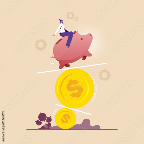Stability or balance of economics and investment concept, businesswoman ride on piggy bank is trying to balance and not fall over, loss of capital