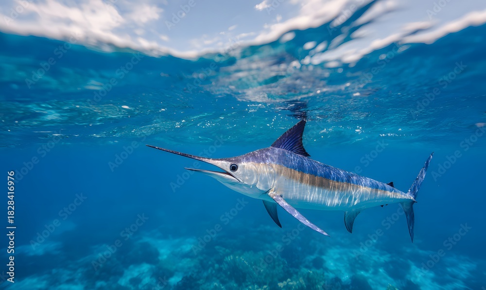 Fototapeta premium In the ocean, a beautiful marlin, close-up composition, serene atmosphere, underwater perspective, blue tones, side lighting, crystal-clear water surface
