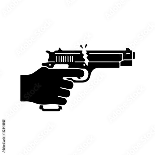 Dramatic solid silhouette icon of a hand forcefully snapping the barrel of a pistol. A powerful visual representing total rejection of violence, disarmament, and peace over conflict