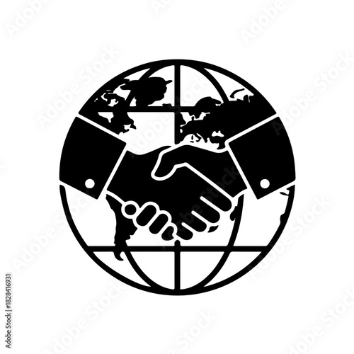 Solid silhouette icon featuring two hands shaking in front of a simplified world map (globe). This powerful symbol represents global peace, conflict resolution, international agreement, and dialogue