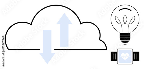 Cloud computing with up and down arrows, lightbulb for innovation, smartwatch displaying heart monitor. Ideal for tech, innovation, data exchange, healthcare, connectivity cloud storage IoT. Simple