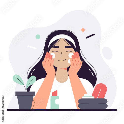 Young woman applying skincare product in minimalist bathroom  