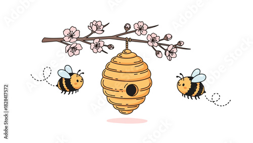 Illustration of a beehive hanging from a flowering branch with two bees flying around it.