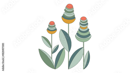 Three stylized plants with stacked conical flower heads and green leaves on a white background, rendered in a modern graphic style.