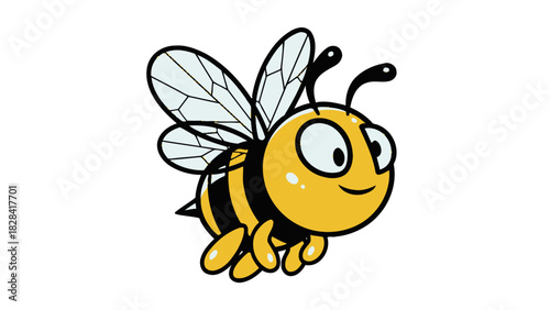 A cute cartoon bee with yellow and black stripes, clear wings, and a smiling face, flying against a white background.