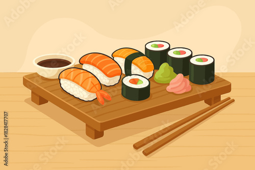 vector illustration of a sushi platter nigiri rolls