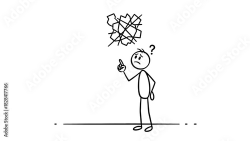 A stick figure person looking confused with scribbled lines and a question mark above their head, representing a complex problem or dilemma.