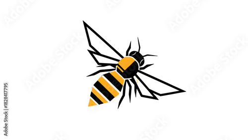 A stylized graphic illustration of a bee with black and yellow stripes and angular wings.