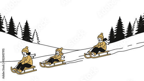 Children enjoying winter sledding down a snowy hill.